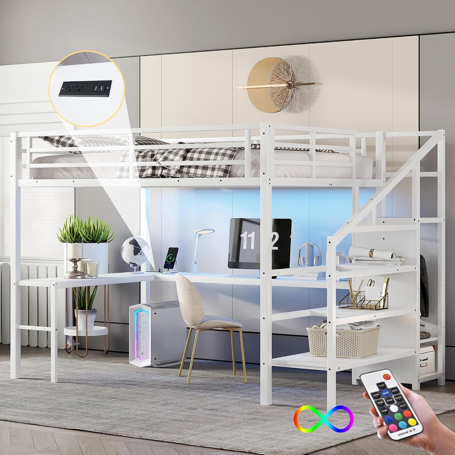 Metal Queen Size Loft Bed with Desk and Stairs,Heavy Duty Loft Bed Frame with Wardrobe and LED Lights for Adults,Teens,Kids,Space Saving,Queen Size,White