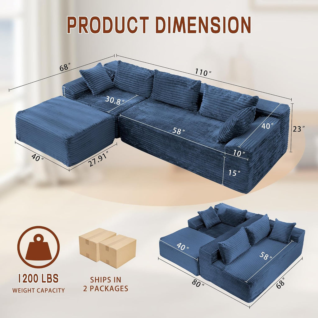 Korser 110' L-Shaped Modular Sectional Sofa with Chaise, Boneless Comfy Corduroy Fluffy Couch with Deep Seat and Side Pockets, Flexible Module Combination for Living Room, No Assembly, Side Pockets