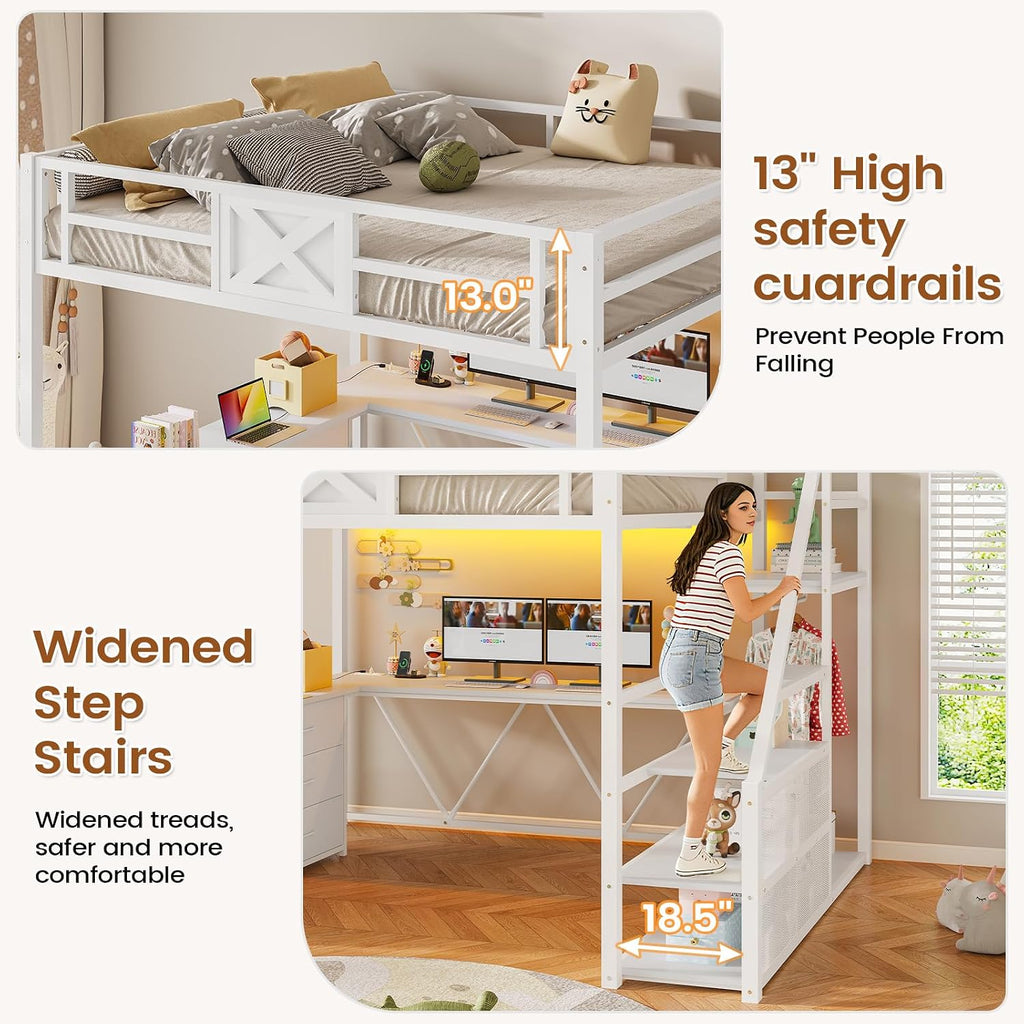 Itaar Full Size Loft Bed with Desk and Storage Stairs, Metal Loft Bed with 6 Storage Drawers, Hall Tree, LED Lights and Power Outlet, for Kids, Teens, Adults, White