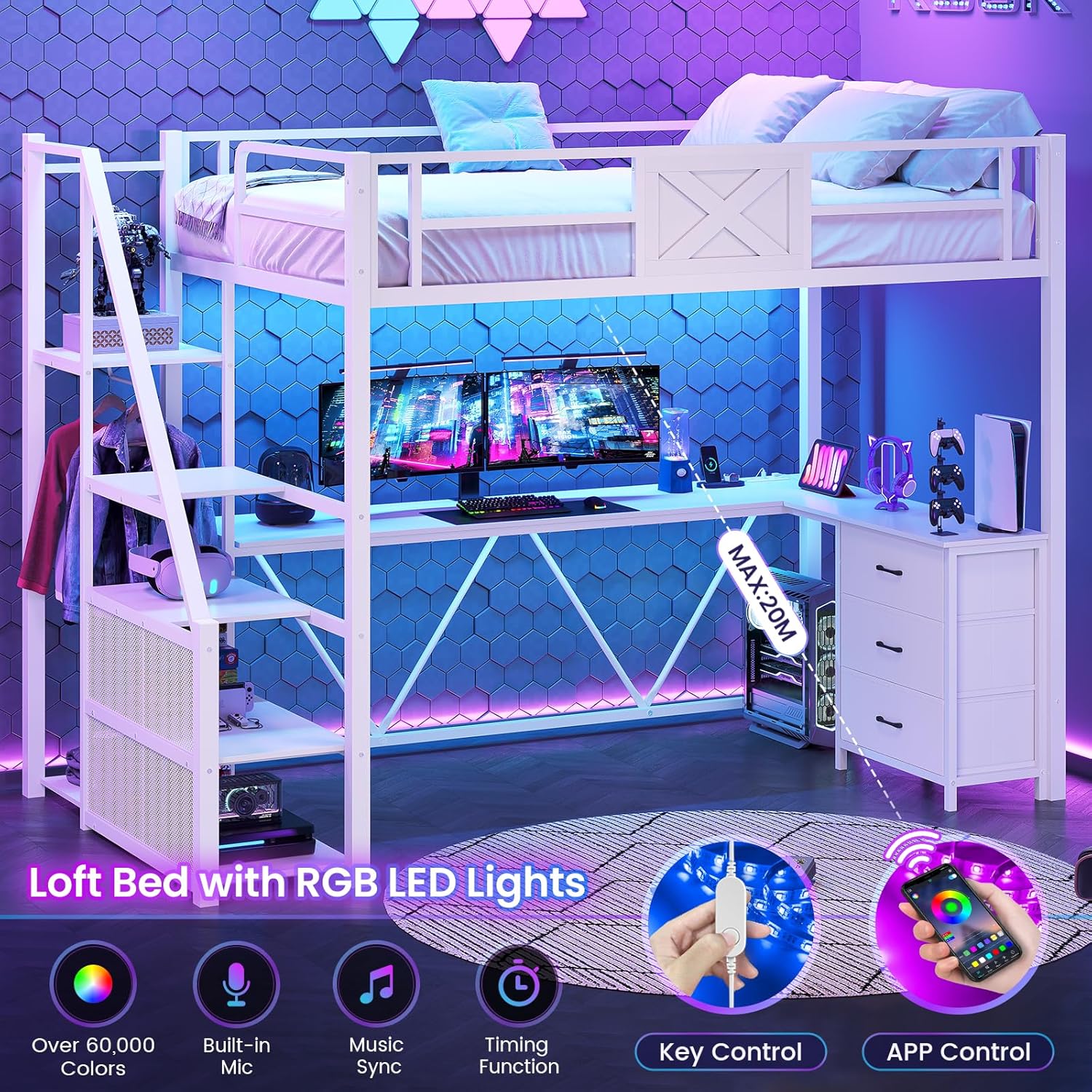 Itaar Stairway Twin Size Loft Bed with L Shaped Desk and Wardrobe, Metal Loft Bed Frame with Stairs, 3 Fabric Drawers, LED Lights & Charging Sation, No Noise & No Box Spring Needed, White