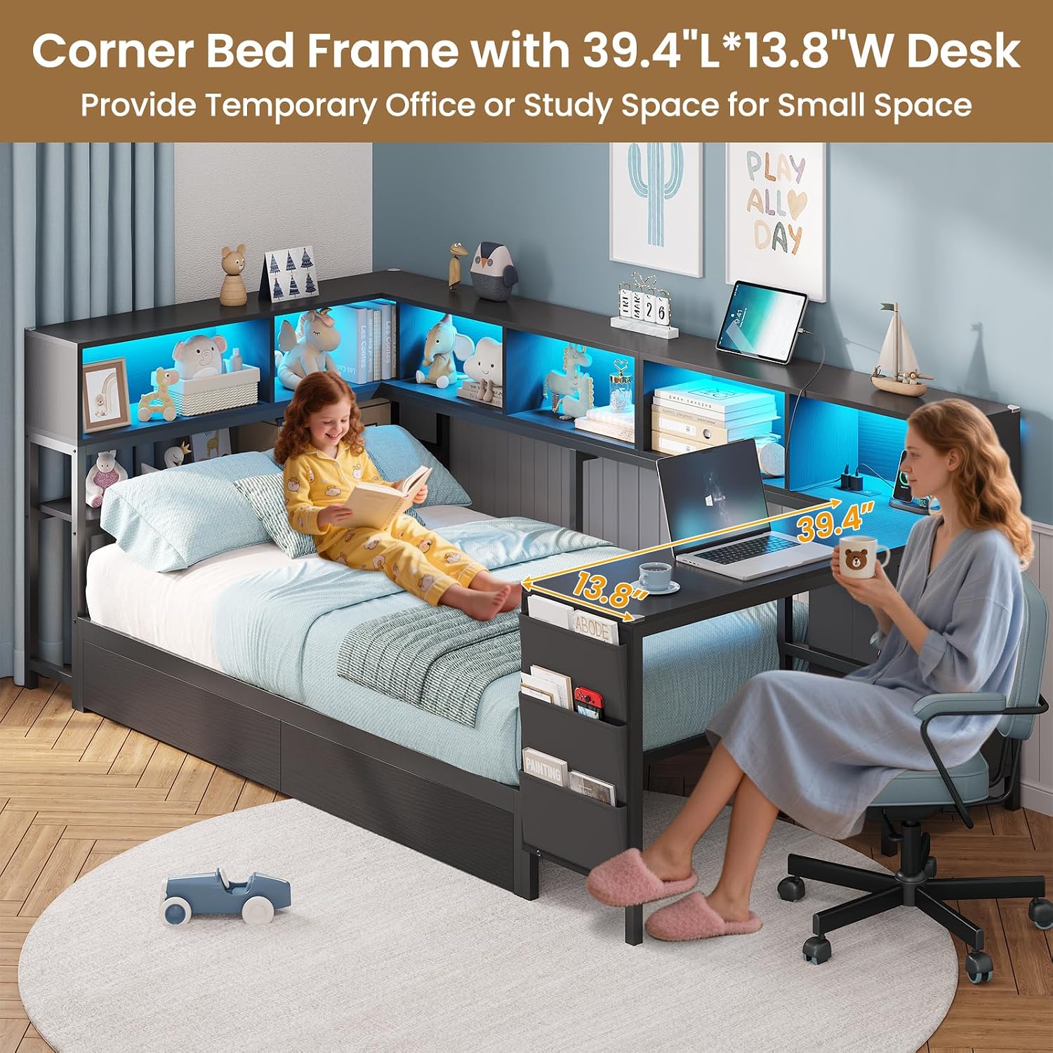 DICTAC Corner Twin Bed Frame with Desk,Charging Station and Bookcase Storage Twin Size Daybed for Kids/Teen with Storage Drawers,Led Lights and Shelves Twin Size Platform Bed Frame with Desk,Black