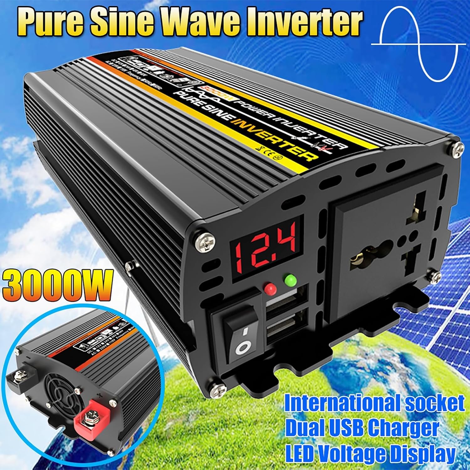 Solar Power System Dual USB 18W Solar Panel + 3000W Pure Sine Wave Power Inverter with Dual LED Display + 30A Solar Charge Controller Solar System Package