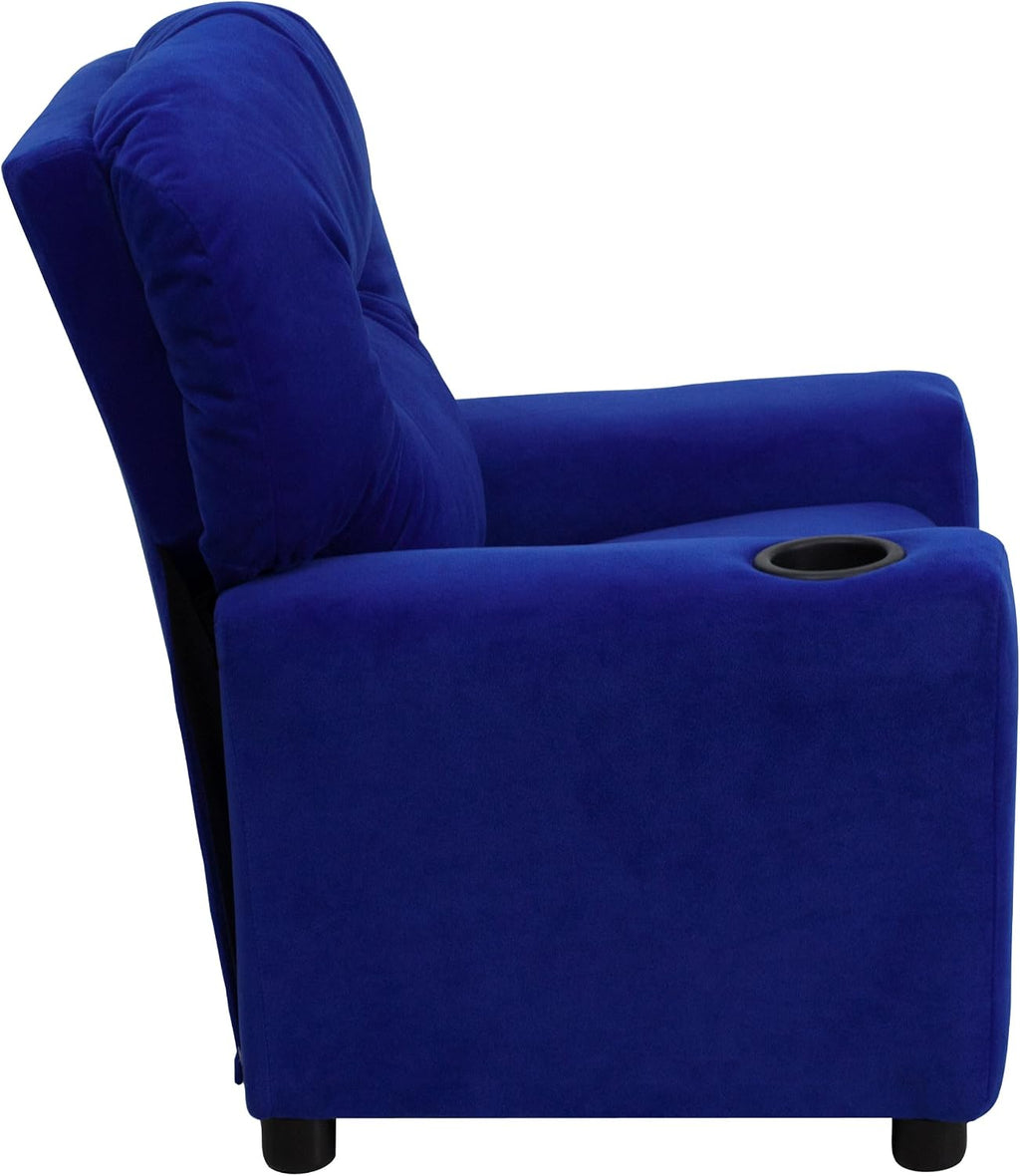 EMMA + OLIVER Blue Microfiber Kids Recliner with Cup Holder