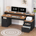 YOMILUVE Computer Desk with 3 Drawers & Storage Shelves, 65 Inch Home Office Desk with File Drawer & Cabinet, Writing Study Desks with Monitor Stand & Printer Shelf, Executive Desk, Brown and Black