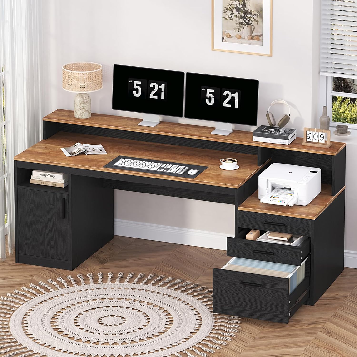 YOMILUVE Computer Desk with 3 Drawers & Storage Shelves, 65 Inch Home Office Desk with File Drawer & Cabinet, Writing Study Desks with Monitor Stand & Printer Shelf, Executive Desk, Brown and Black