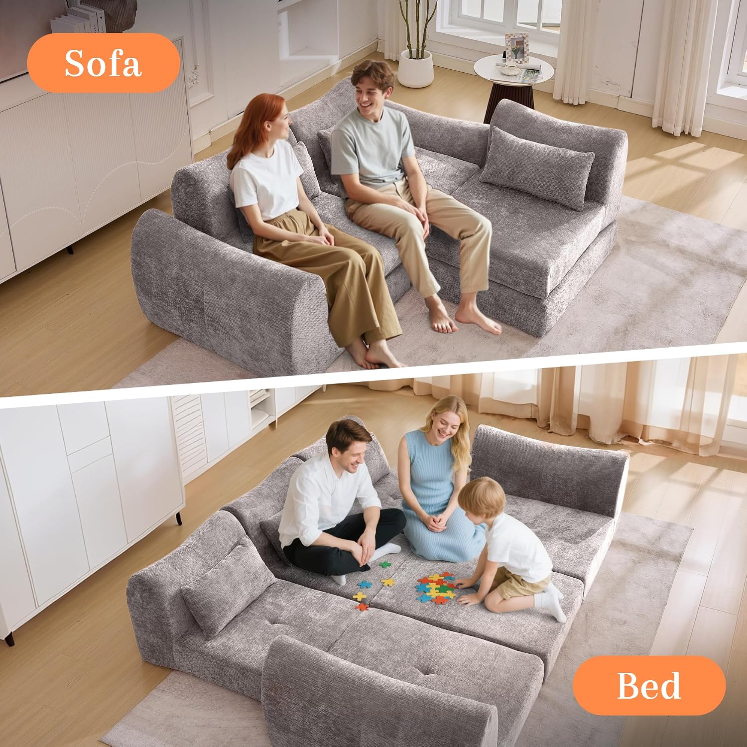 MAXMAXX 102' Cloud Sofa, 4-in-1 Folding Sofa Bed, Floor-Standing Boneless Couch, Futon Sofa Bed for Living Room, Bedroom and Entertainment Room(Gray)