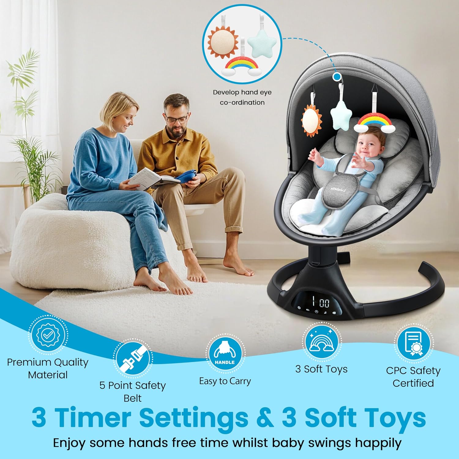 Lulabelle Baby Swings for Infants, 3-in-1 Infant Swing, 5 Sway Speeds | 10 Preset Lullabies & Bluetooth, Portable Newborn Swing for Home or Travel | Electric Baby Swing with Adjustable Height