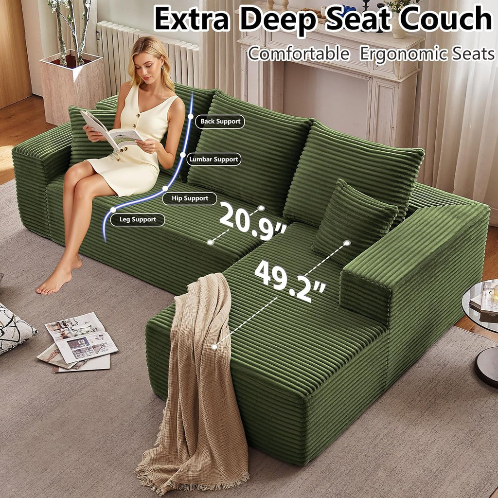 107' Cloud Sectional Couch with L-Shape Chaise, Modern Modular Comfy Sofa Chaise Longue, Upholstered Corduroy Couches Sleeper with Deep Seat for Living Room Bedroom, No Assembly Required, Green
