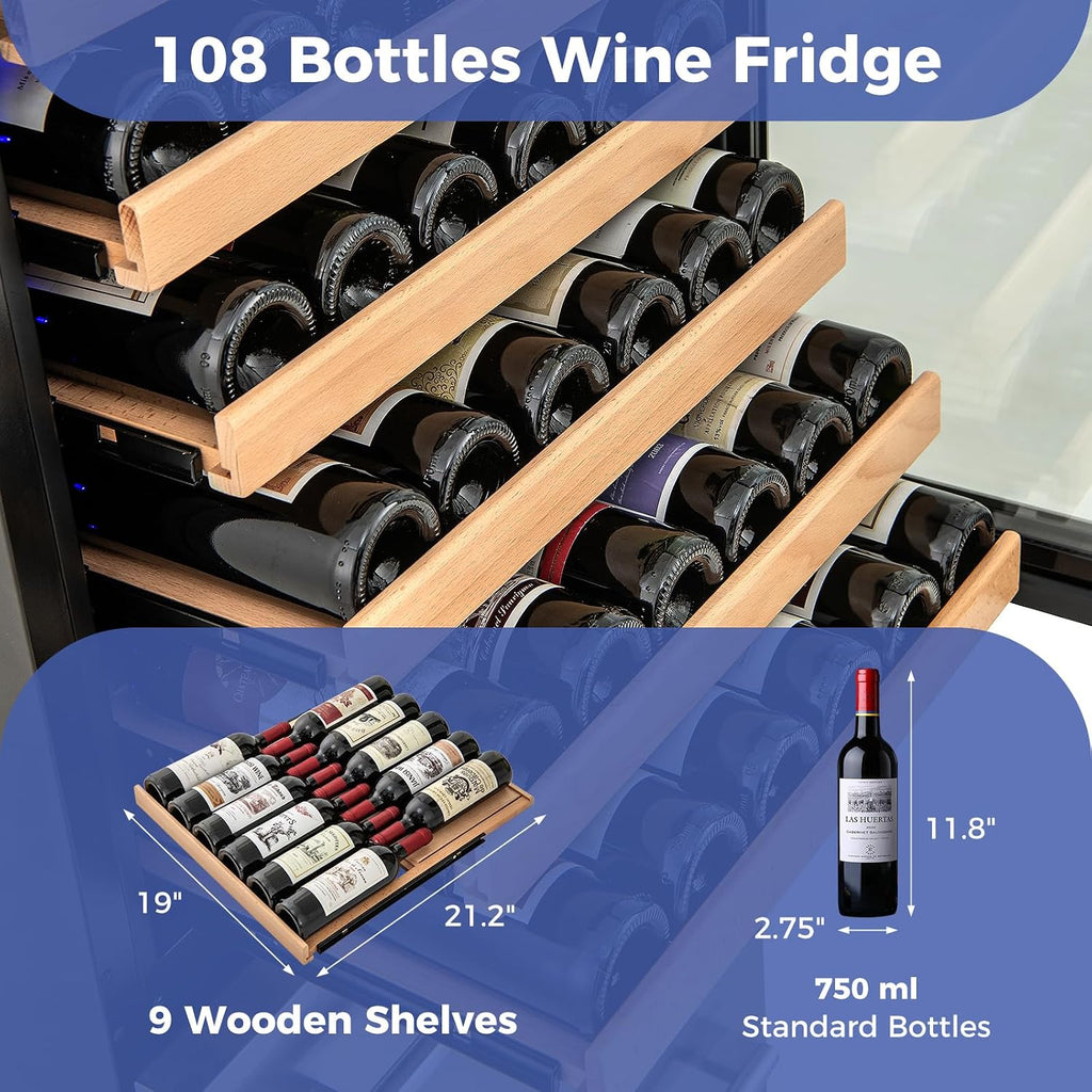 COSTWAY 24 Inch Wine and Beverage Refrigerator, Dual Zone Beverage Cooler with Independent Temperature Control, 108 Bottles and 175 Cans, Built-In or Freestanding Wine Cellar