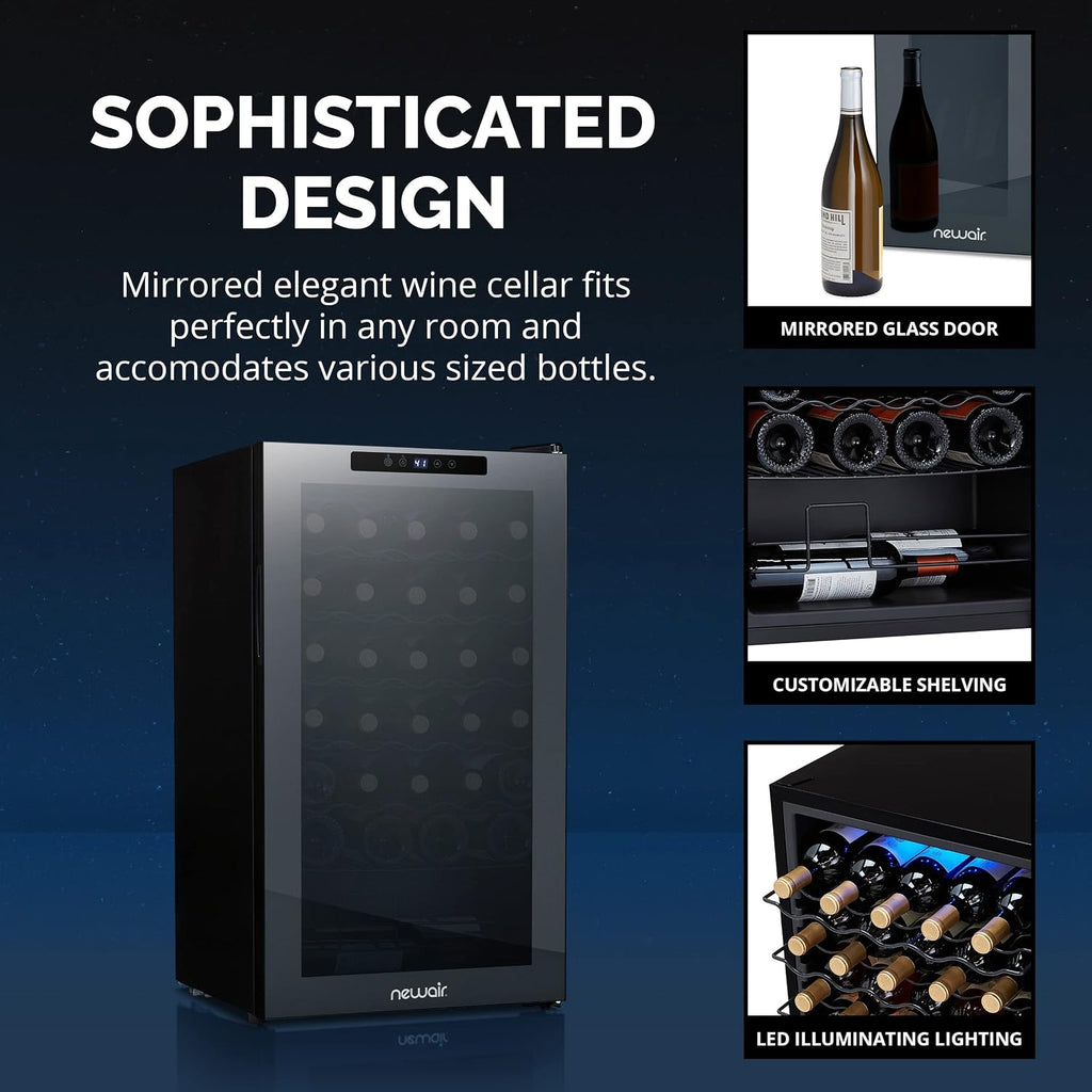 Newair 34 Bottle Wine Cooler Refrigerator | Shadow Series | Freestanding Mirrored Wine and Beverage Fridge with Double-Layer Tempered Glass Door & Compressor Cooling For Reds, Whites, & Sparkling Wine