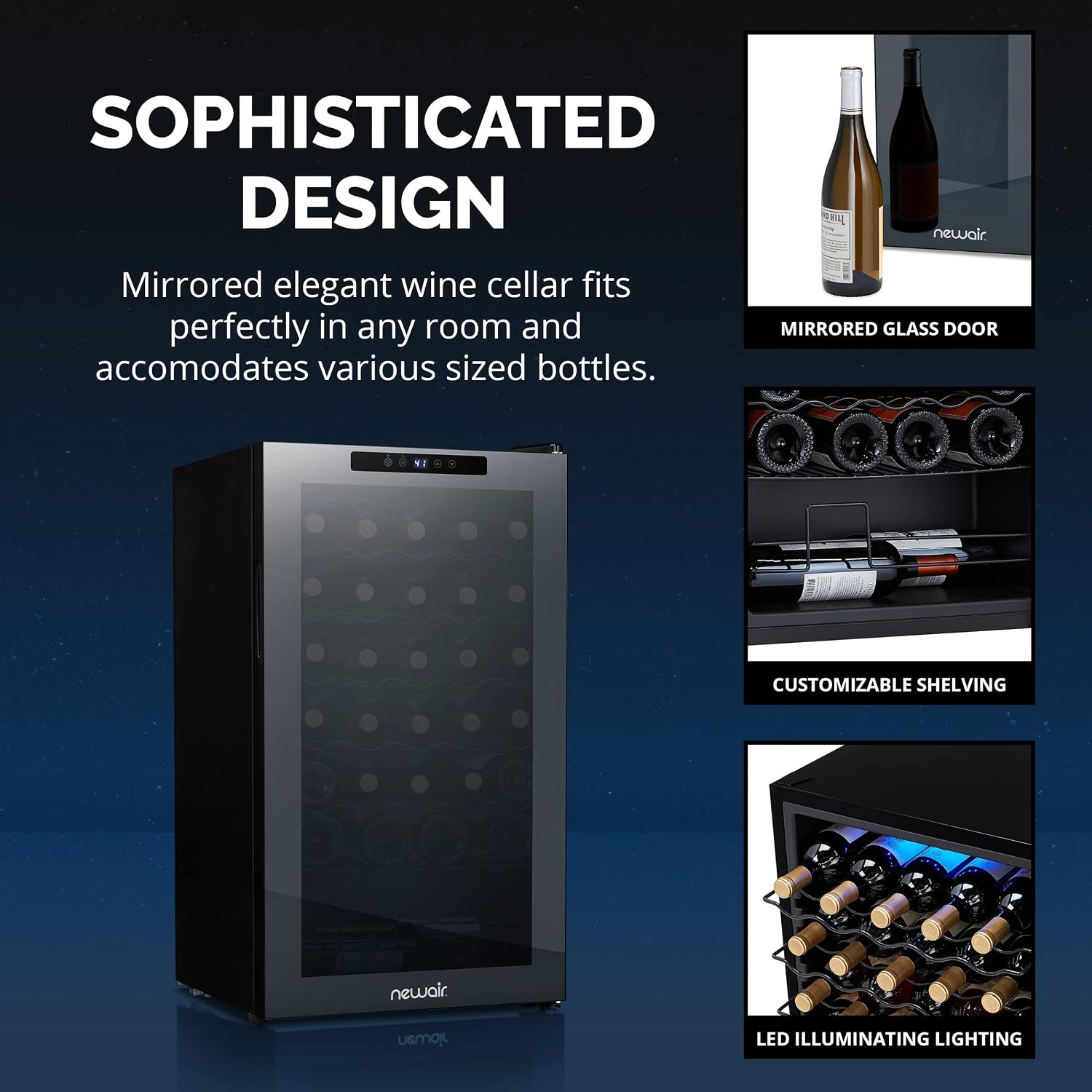 Newair 34 Bottle Wine Cooler Refrigerator | Shadow Series | Freestanding Mirrored Wine and Beverage Fridge with Double-Layer Tempered Glass Door & Compressor Cooling For Reds, Whites, & Sparkling Wine