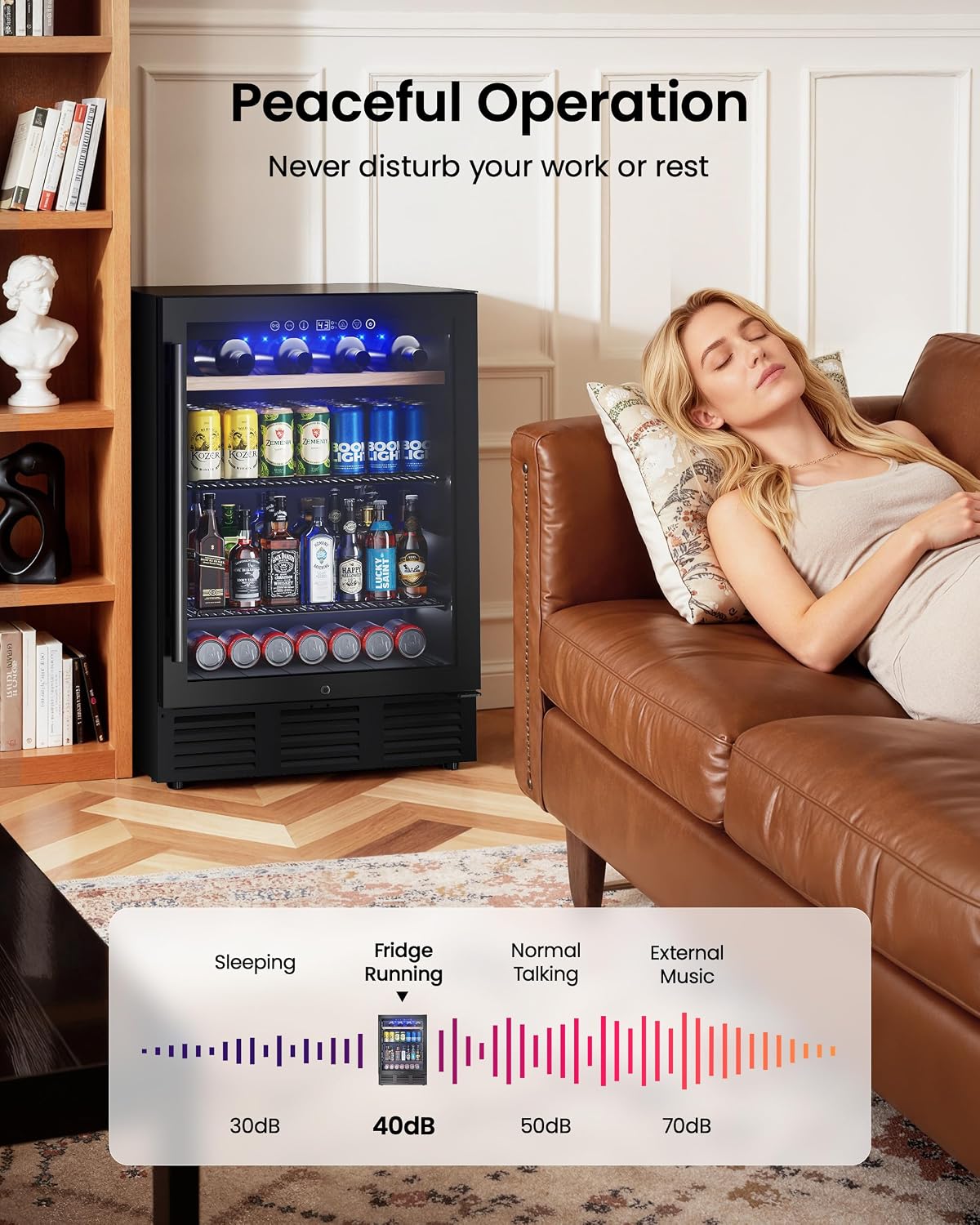 24 In Beverage Refrigerator, 112 Cans & 8 Bottles Wine Fridge with Double-Layer Glass Door, Built-In or Freestanding Wine and Beverage Refrigerator, Under Counter Fridge for Home/Bar/Cafe