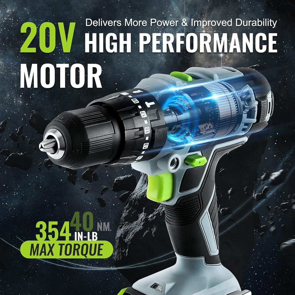 WORKPRO 20V Max Cordless Drill Driver Set, Electric Power Impact Drill Tool with 100 Pieces Accessories, 1/2'' Chuck Impact Drill Kit with Portable Case, 2 x 2.0Ah Li-ion Batteries with Fast Charger