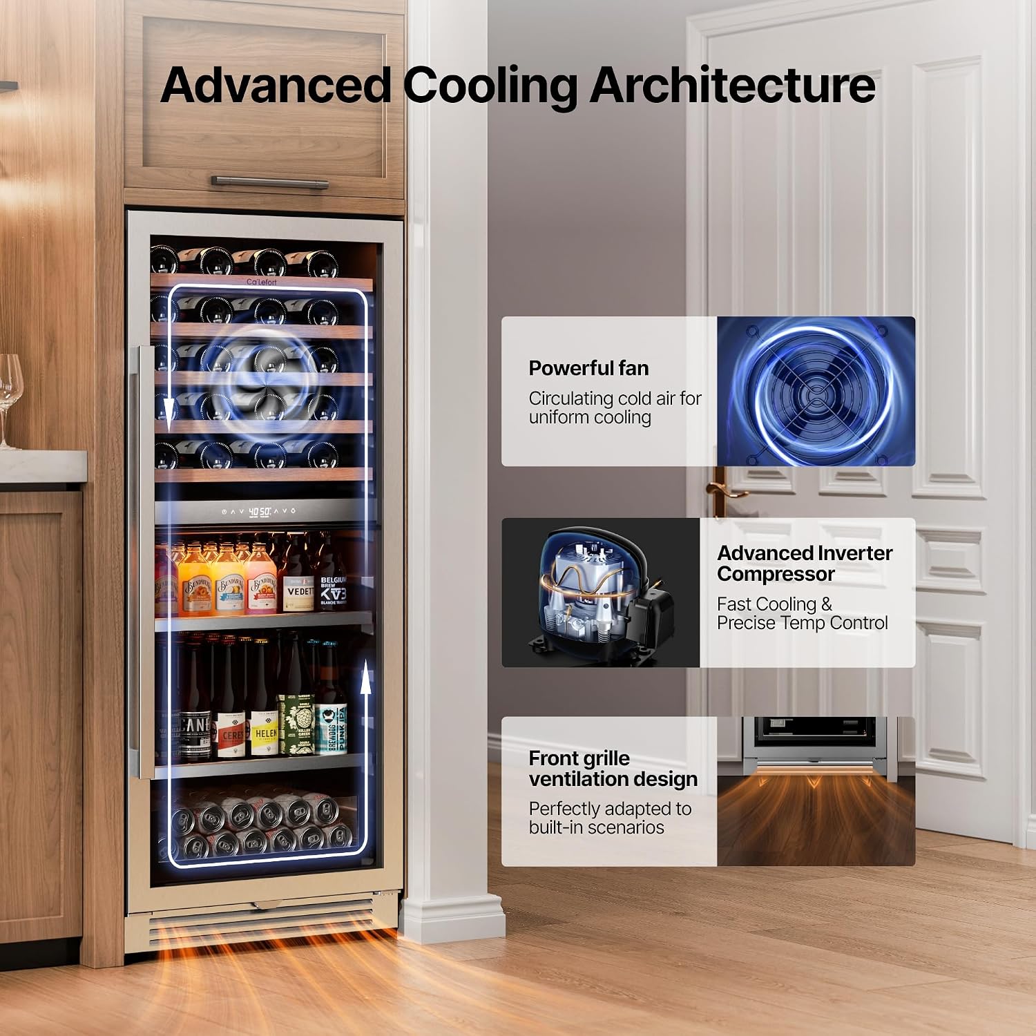 Ca'Lefort 24 Inch Wine & Beverage Refrigerator - 112 Can + 40 Bottle Dual Zone 34-65°F Cooler, 7 Adjustable Shelves & 3 LED Lights, Energy Star Certified Built-in/Freestanding for Home/Bar/Kitchen