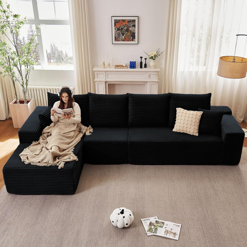 135' Modular Sectional Couches for Living Room, Comfy Boneless L Shaped Cloud Couch with Chaise Lounge, Modern Cozy Corduroy Deep Seat Floor Sofa, Memory Foam, No Assembly Required, Black