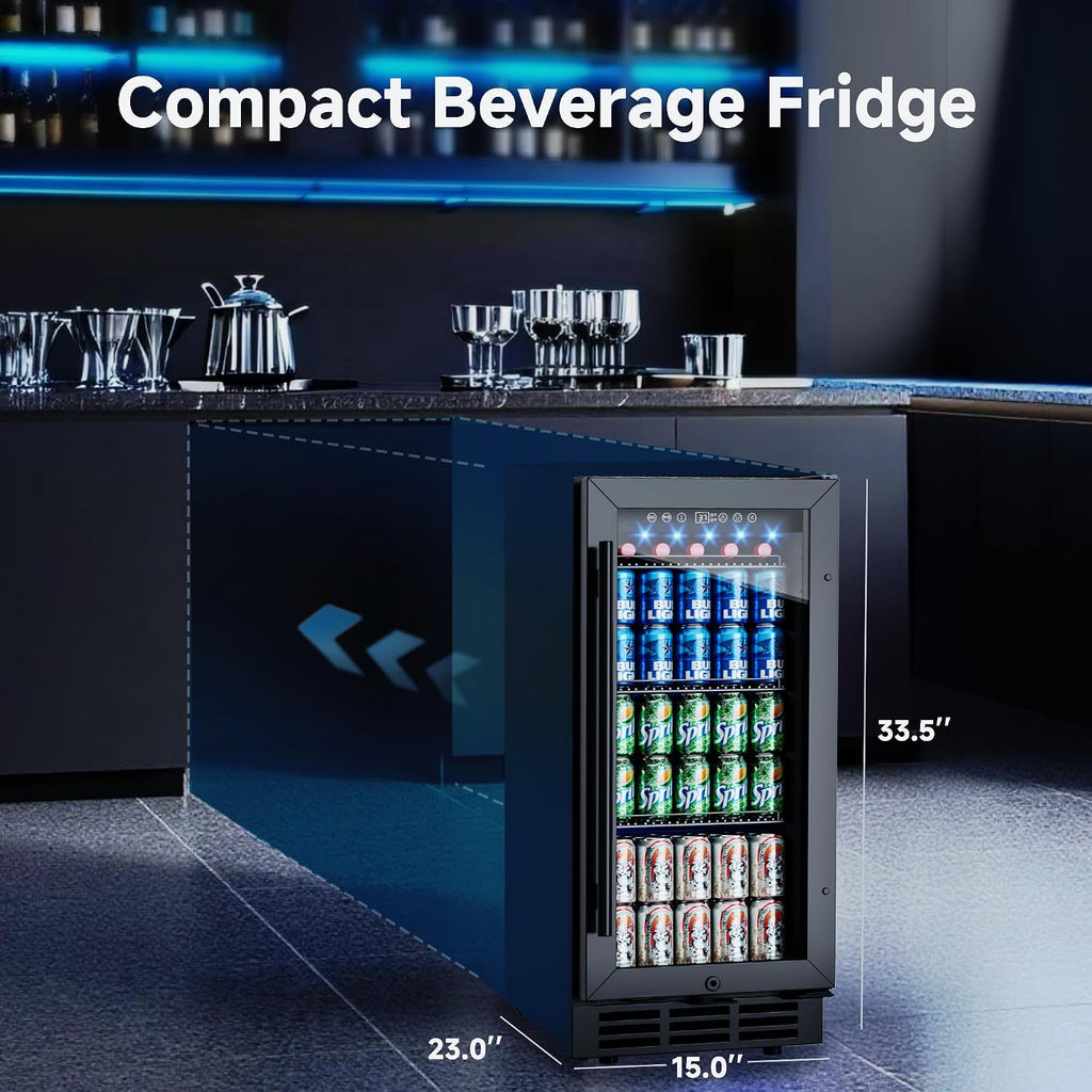 15 Inch Beverage Fridge, 132-Can Capacity Under Counter Refrigerator with Blue LED Display, Beverage Refrigerator with Glass Door & Adjustable Shelves for Home, Bar, Office (Black)