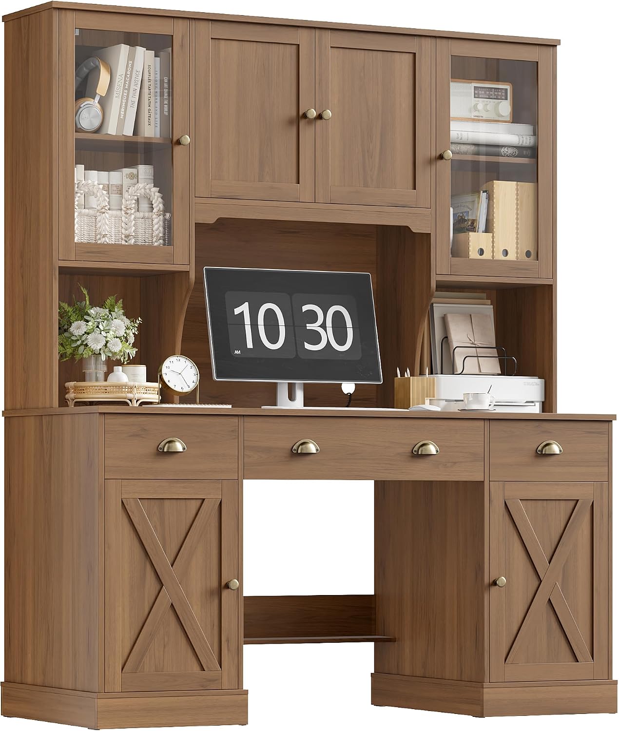 Keyluv 75' Executive Desk with Hutch and Drawers, Computer Desk with Glass Door and Storage Cabinet, 63' W Large Farmhouse Workstation for Home Office Study Writing Gaming Table, Brown