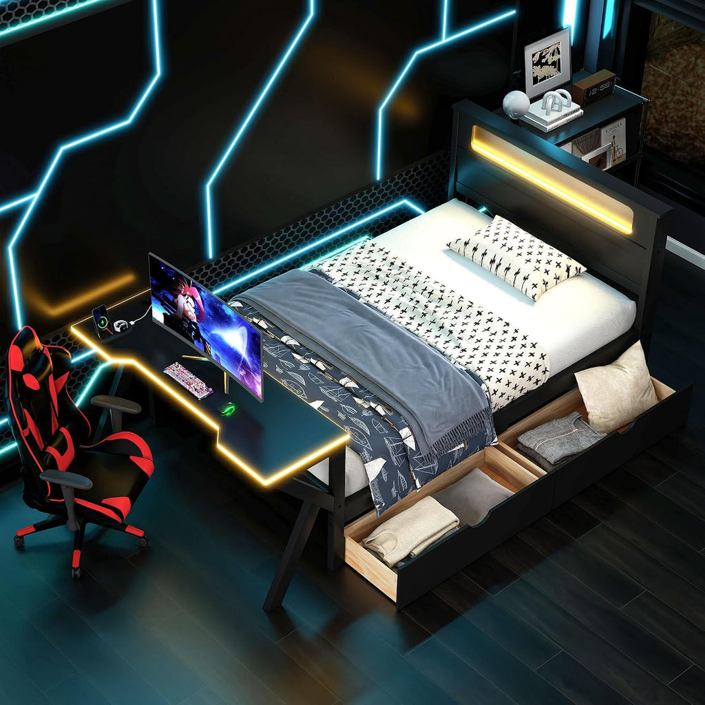 Harper & Bright Designs Twin Size Gaming Loft Bed with Charging Station & LED Headboard, Built-in Desk with Outlets & USB/Type-C Ports, 2 Storage Drawers for Modern Living, Black