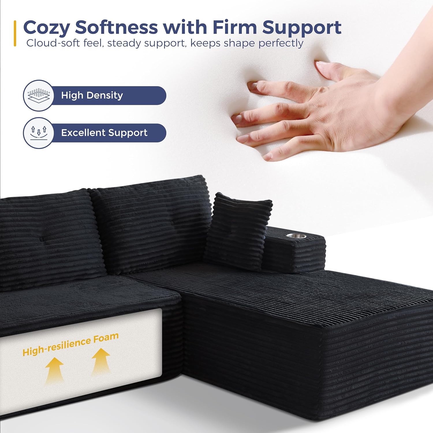 MAXYOYO Modular Sectional Couch with L-Shape Chaise and Loveseat, Modern Boneless Couch for Living Room, Oversized Sofa Sleeper with Deep Seat, No Assembly Required, Black