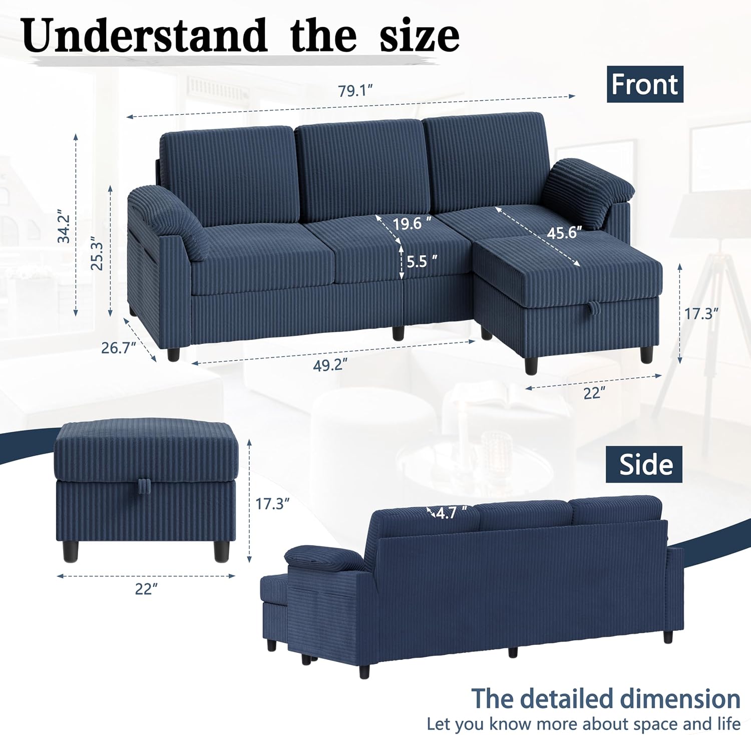 Sectional Sofa Couch for Living Room, 79' Sectional Couches with Ottoman, L Shaped Couch with Armrests Side Storage Pockage, Small Sofa Couches for Apartment, Blue