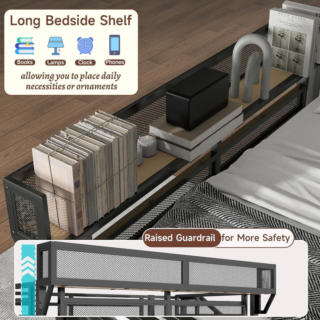 Mirightone Full Size Loft Bed with Storage, Metal Loft Beds with Upper Shelf, High Loft Bed Frame with Ladder, Lofted Full Bed for Kids and Teens, No Box Spring Needed (Black)