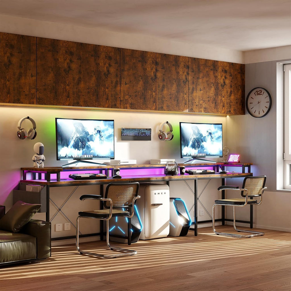 U Shaped Desk with Power Outlets, USB Ports & RGB LED Lights, 79 Inch Large Corner Computer Desk with Monitor Stand, Reversible Gaming Desk for Home Office, Ergonomic Workstation (Rustic Brown)