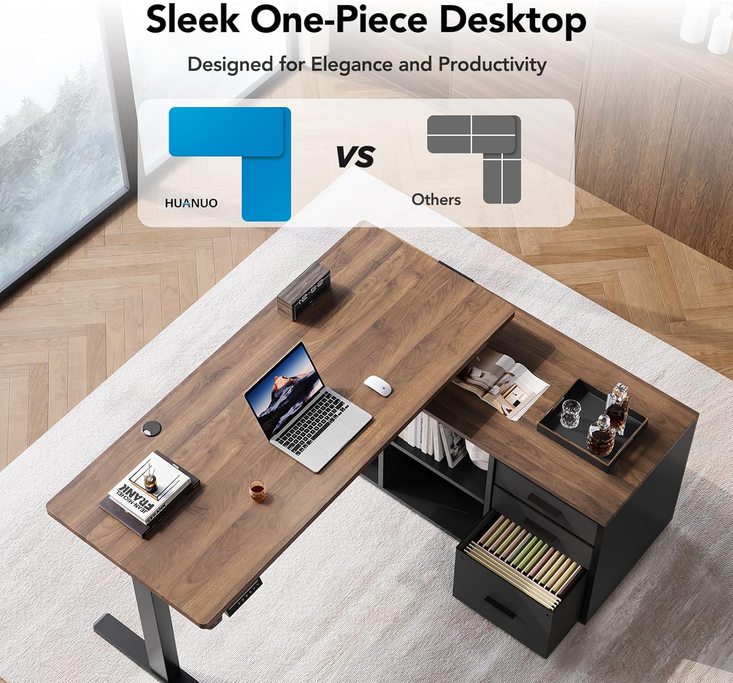 HUANUO L Shaped Standing Desk, Electric Executive Desk with Drawers, Adjustable Height Stand Up Desk, 55″ x 23.6″ One-Whole Piece Desktop, Home Office Computer Desk with 4 Memory Presets, Walnut