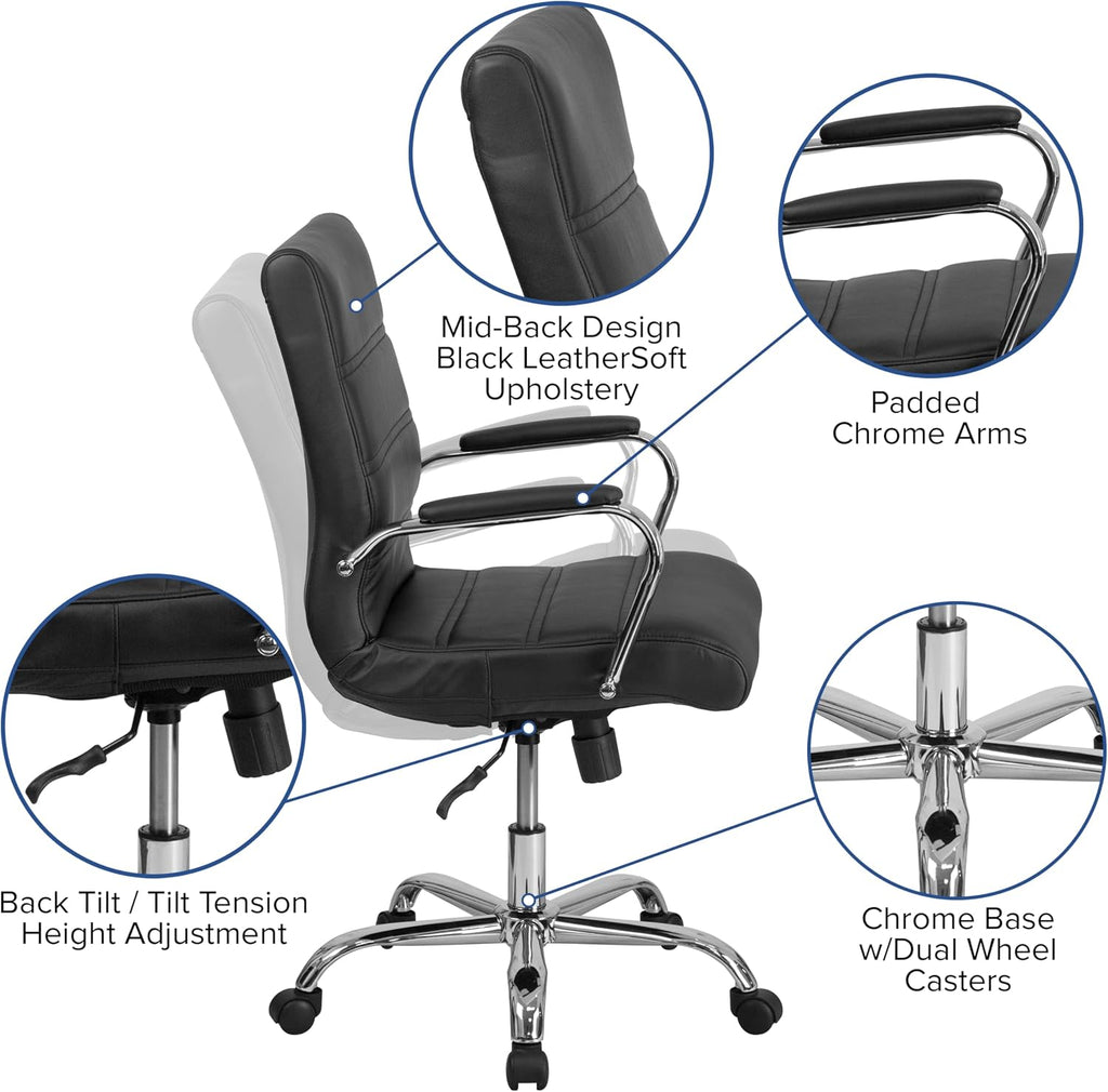 Flash Furniture Whitney Mid-Back Swivel LeatherSoft Desk Chair with Padded Seat and Armrests, Adjustable Height Padded Office Chair, Black