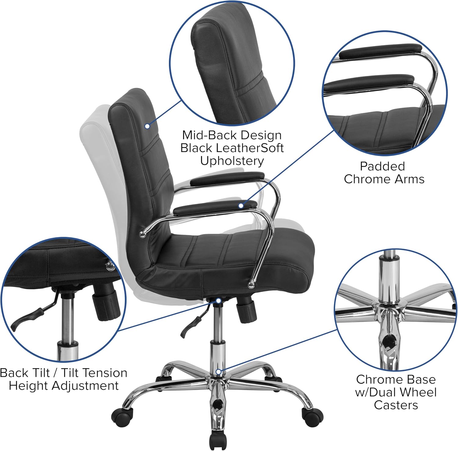 Flash Furniture Whitney Mid-Back Swivel LeatherSoft Desk Chair with Padded Seat and Armrests, Adjustable Height Padded Office Chair, Black