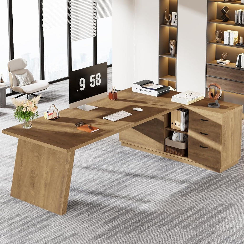 Tribesigns Modern L-Shaped Executive Desk, 78.7' L x 31.5' W x 29.5' H, Brown, 3 Drawers, 2 Shelves, Scratch Resistant, Home Office Desk