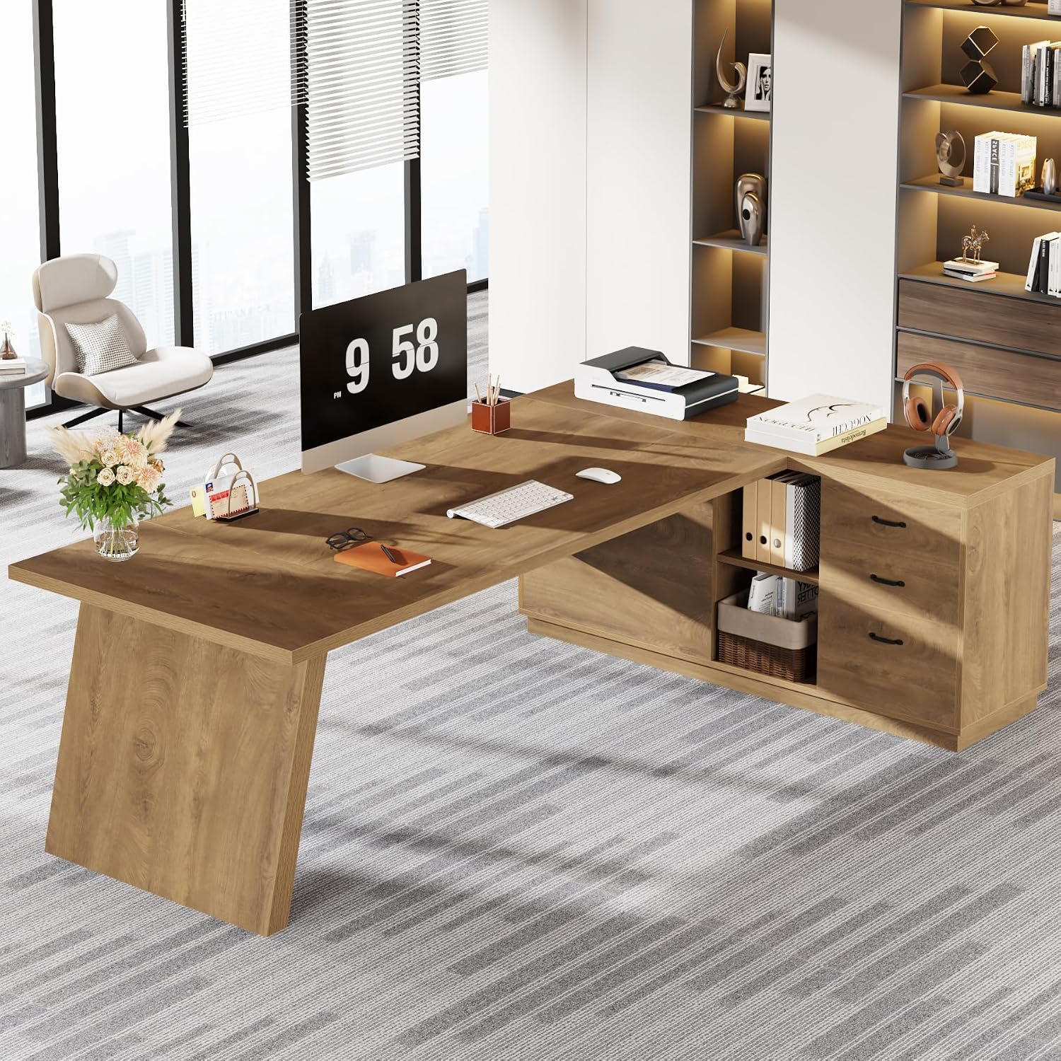 Tribesigns Modern L-Shaped Executive Desk, 78.7' L x 31.5' W x 29.5' H, Brown, 3 Drawers, 2 Shelves, Scratch Resistant, Home Office Desk