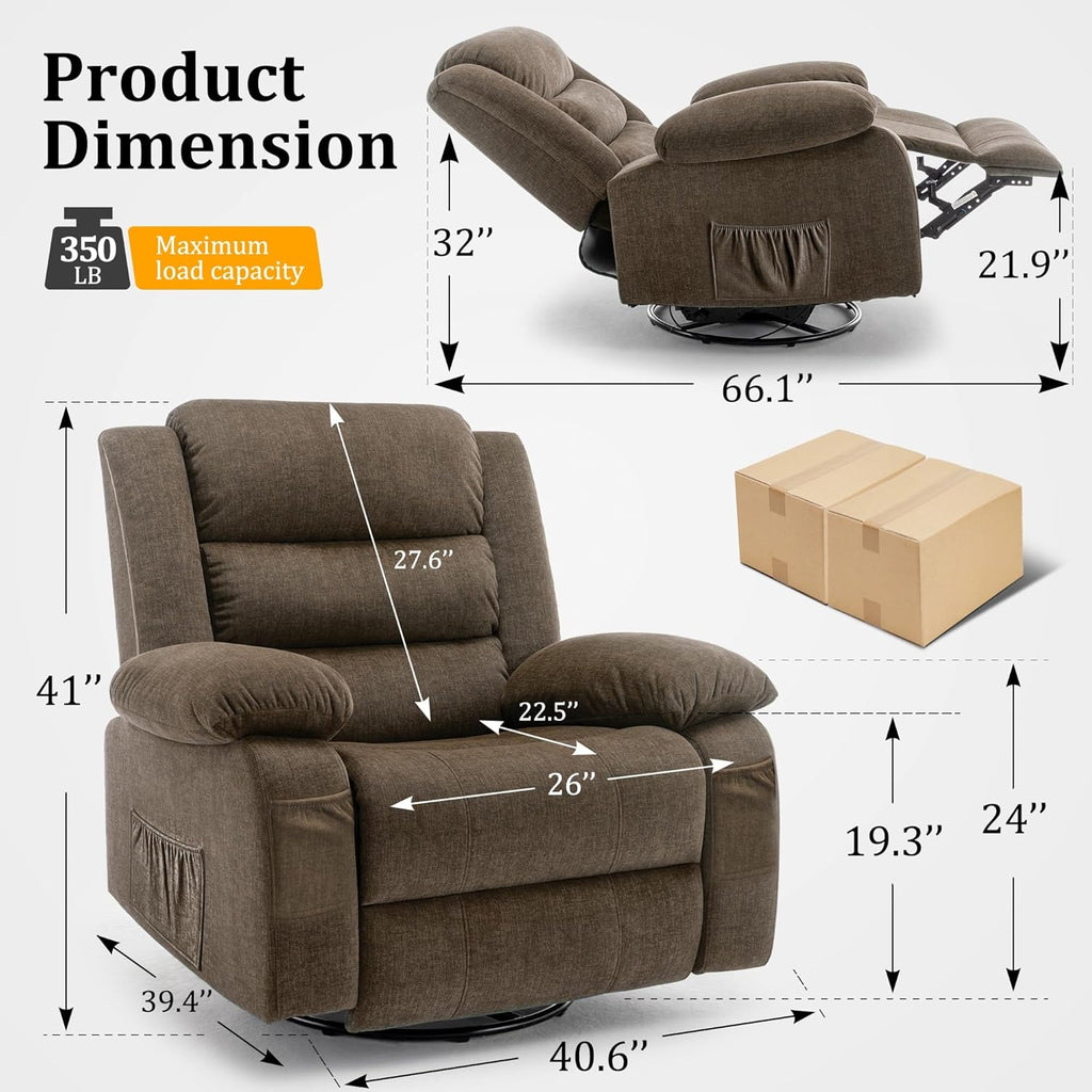 Korser Recliner Chair for Adults, Oversized 360° Swivel Rocker Recliner with Massage and Heat, Wide Nursery Glider Rocking Chair with Side Pockets, Cashmere Reclining Sofa for Living Room (Brown)