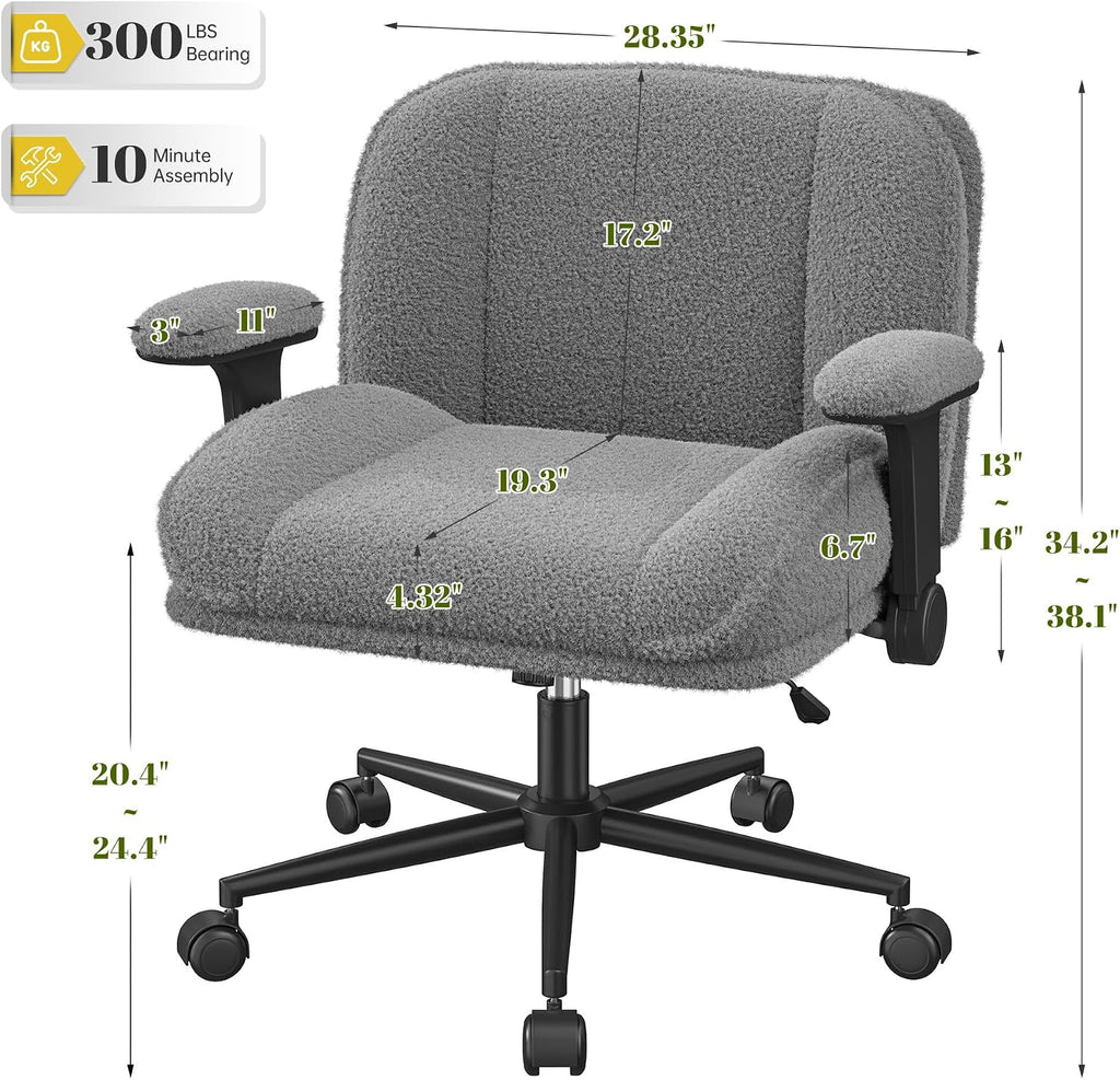 DurayLoly Criss Cross Chair with Wheels,Flip Up Arms,Wide Seat,Teddy Fleece,Adjustable Height,Cross Legged Desk Chair for Bedroom,Dorm,Home Office,Grey