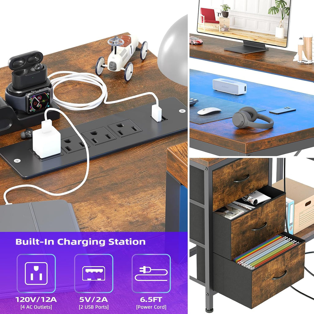 L Shaped Office Desk with Power Outlets, Computer Desk with Drawers, Shelves, for Gaming, Corner Work, Home Office, Study