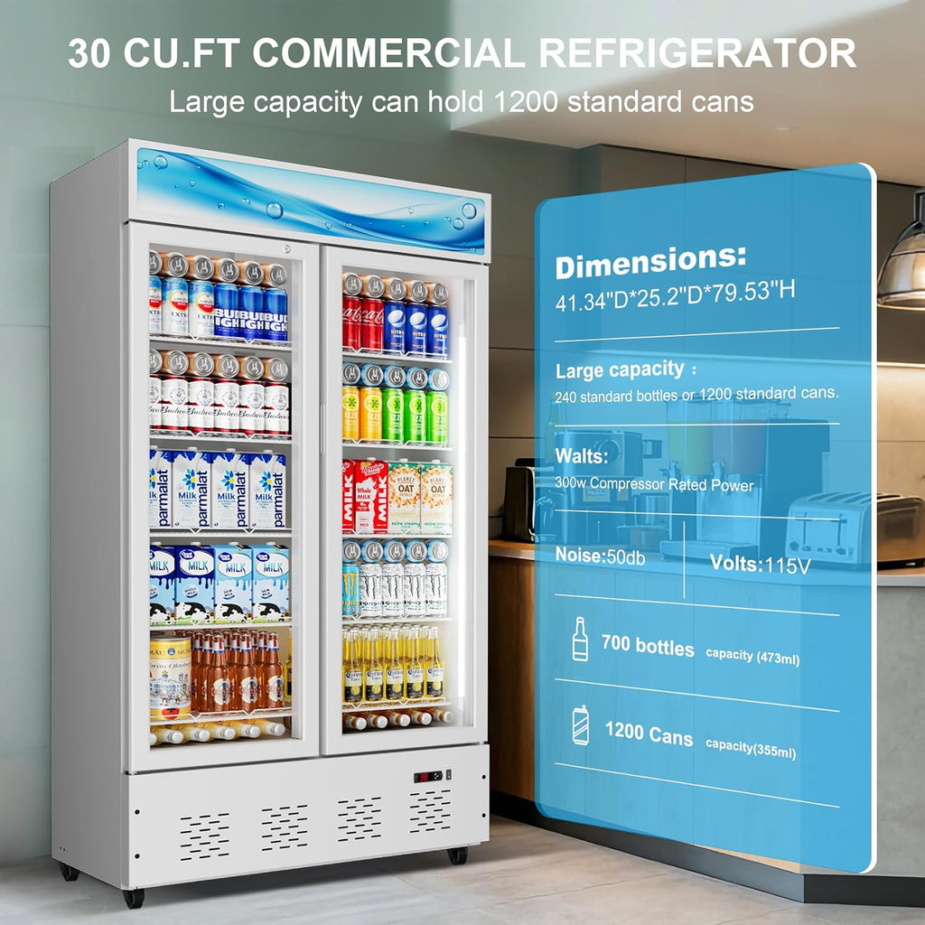 42'W Commercial Glass Door Display Refrigerator 30 Cu.ft White Cooler Beverage Fridge with LED Light and 10 Shelves for Cafe Restaurant Store Bar
