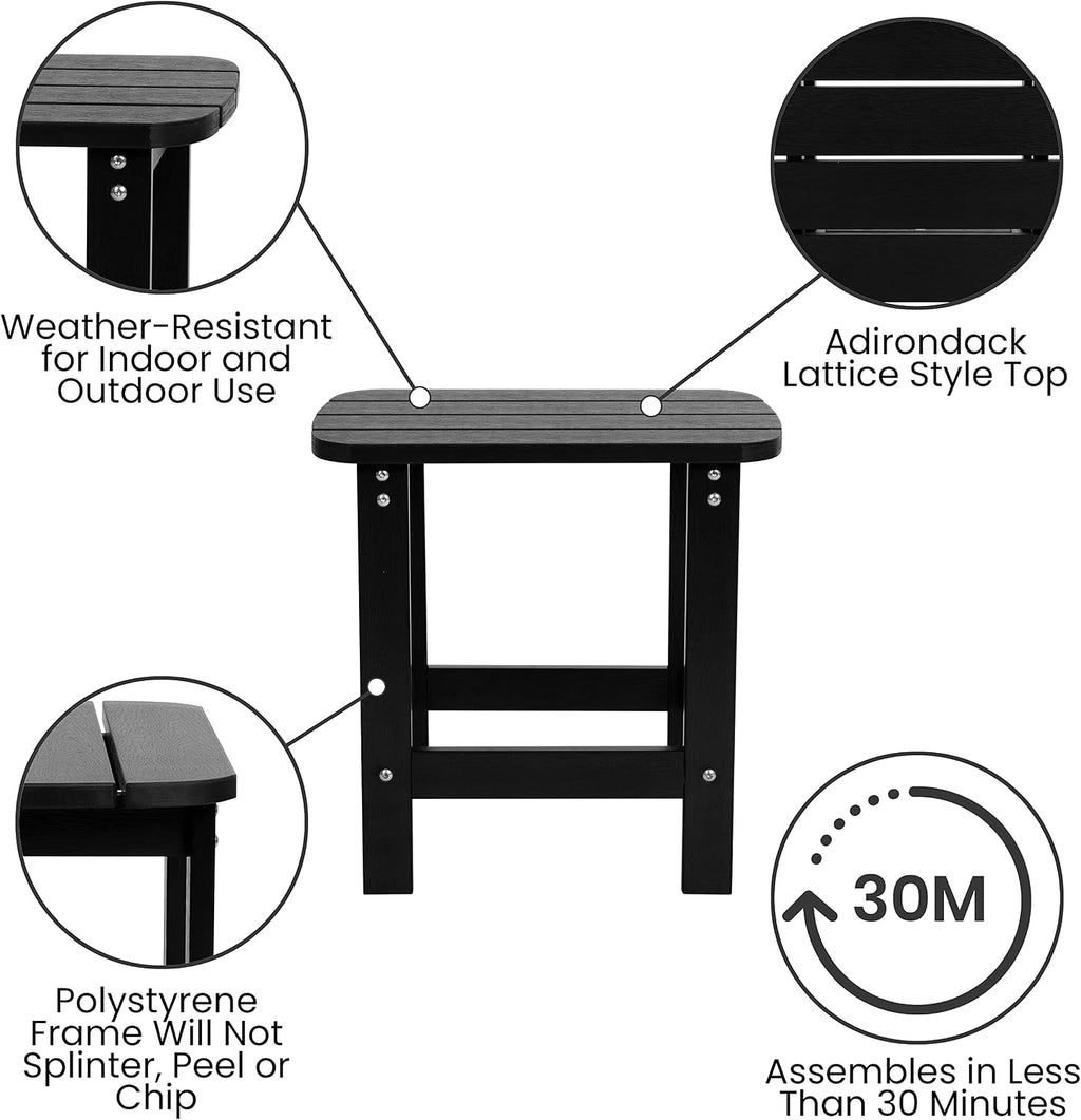 Flash Furniture Set of 2 Savannah Adirondack Rocking Chairs - Commercial Grade All-Weather Black Poly Resin Wood - Matching Side Table