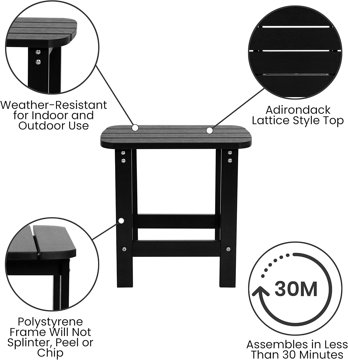 Flash Furniture Set of 4 Savannah Adirondack Rocking Chairs - Commercial Grade All-Weather Black Poly Resin Wood - Matching Side Table