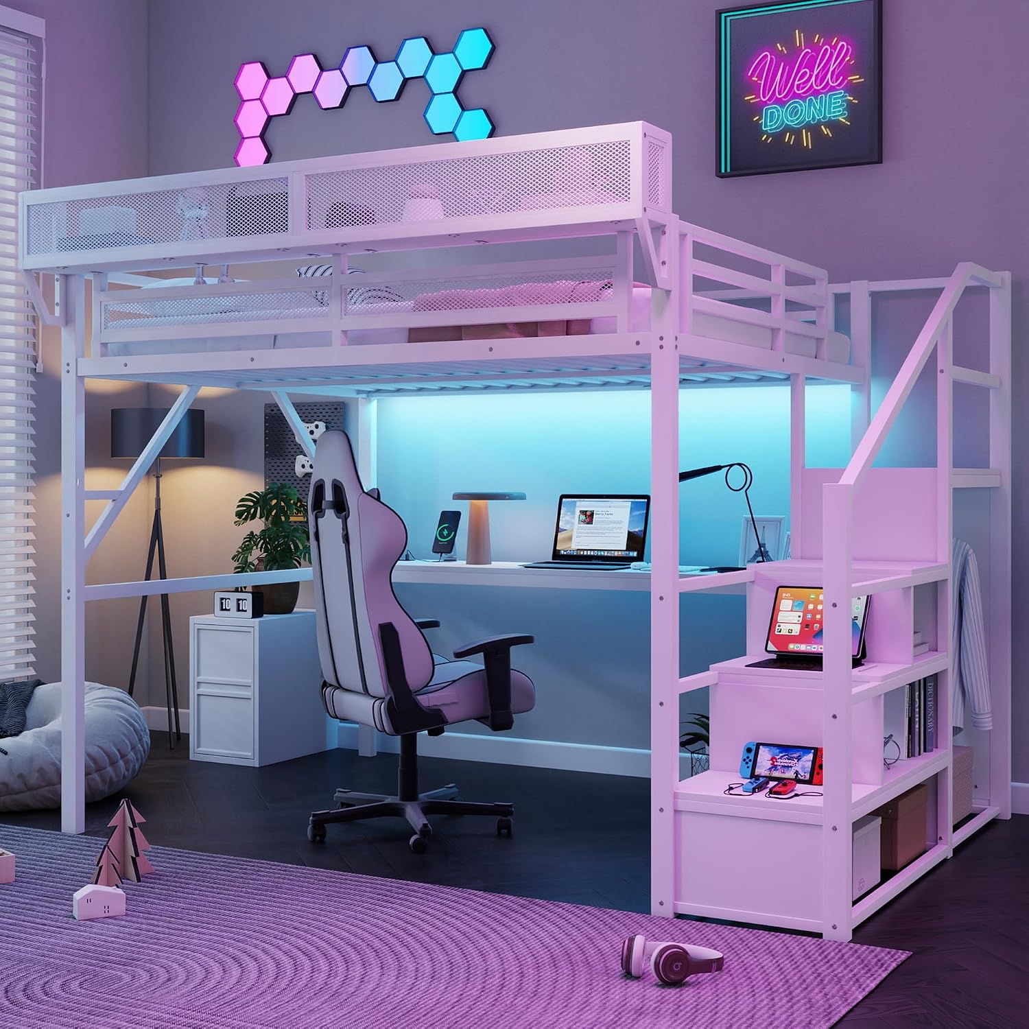Queen Loft Bed with Desk and Stairs, Metal Lofts Bed Queen Size with Upper Storage Shelf, Gaming LoftBed with LED, Charging Station and Wardrobe for Teens, Adults,White