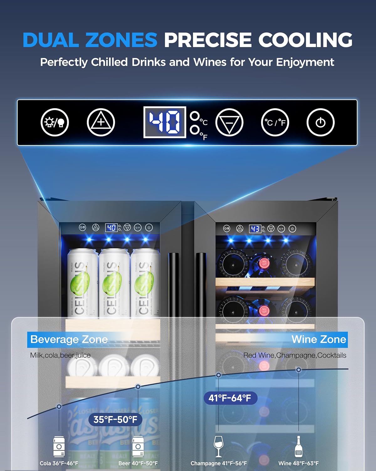 Wine and Beverage Refrigerator, 24 Inch Beverage Refrigerator with Glass Door, Wine Fridge Holds 20 Bottles & 60 Cans, Under Counter Refrigerator with Quiet Cooling System & LED Light