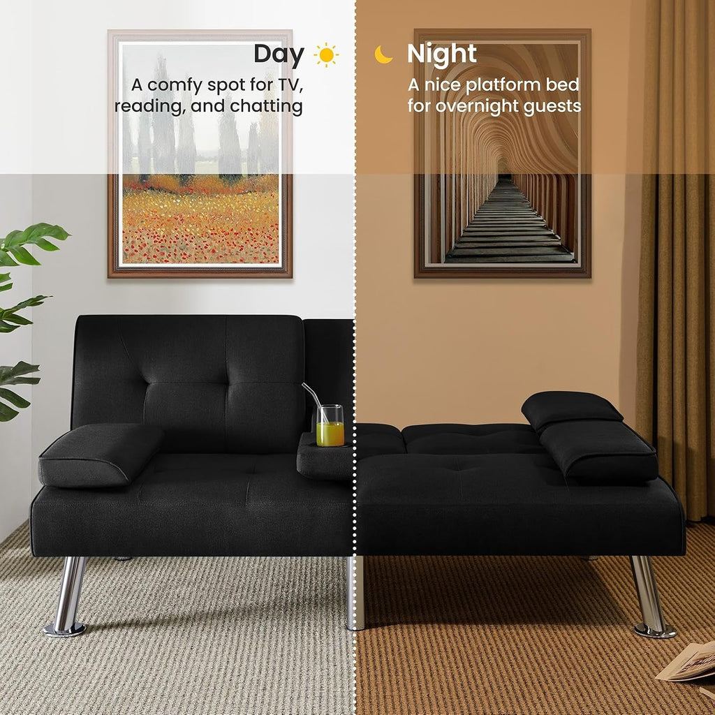 Yaheetech Convertible Sofa Bed Adjustable Fabric Couch Sleeper Modern Recliner Reversible Loveseat Folding Daybed Guest Bed, Removable Armrests, Cup Holders, 3 Angles, 772lb Capacity, Black