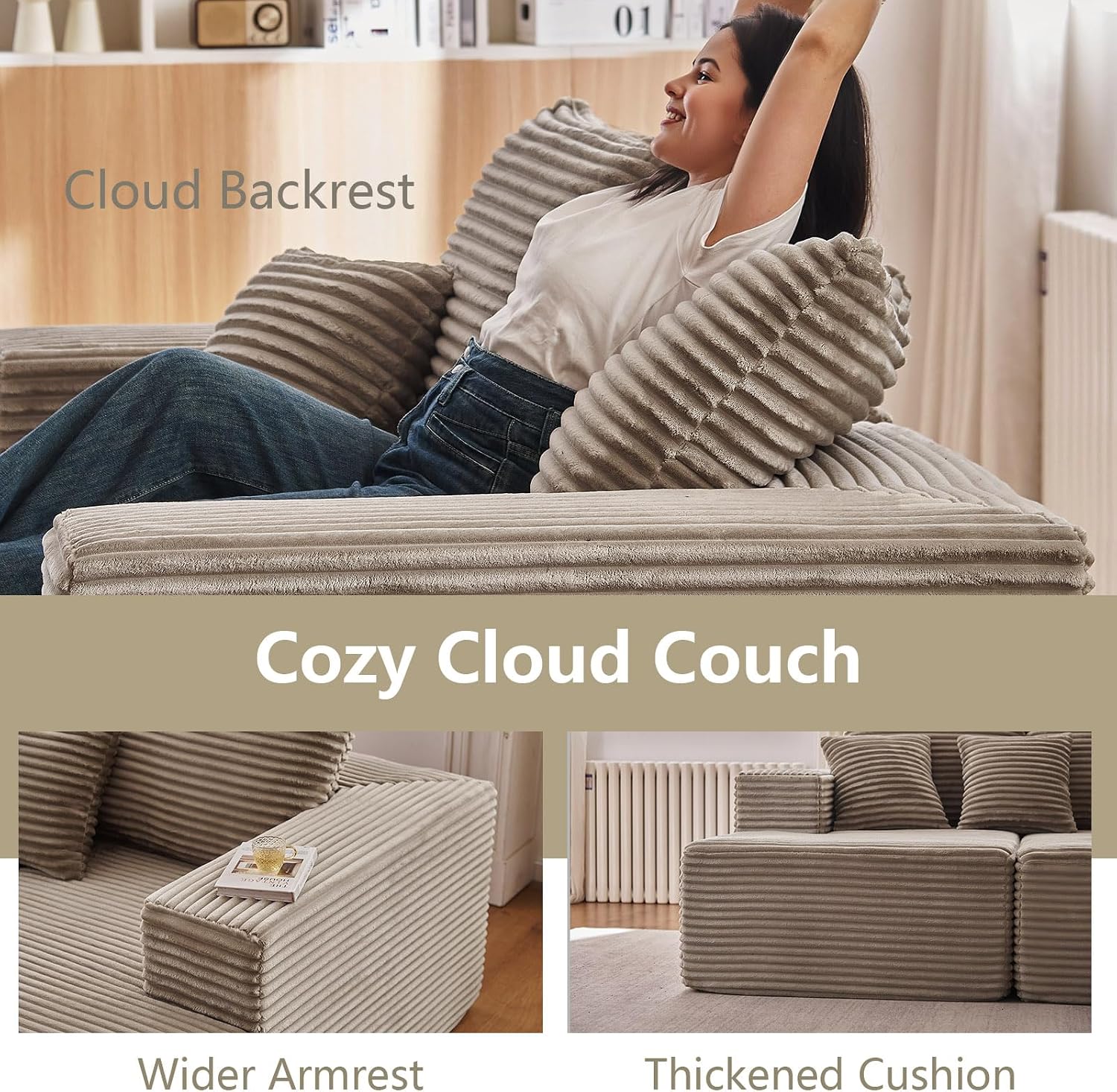 140' L Shaped Cloud Sectional Couch for Living Room, Modular Floor Deep-Seat Sofa, Big Comfy Corduroy Couches Set with Fluffy Memory Foam for Living Room Bedroom, No Assembly Required, Camel