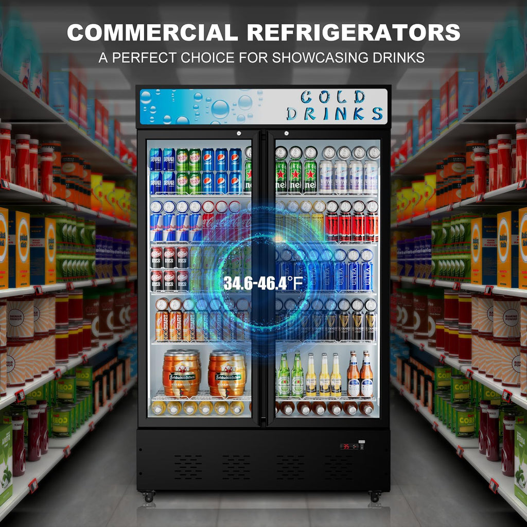 40 Cu.ft. Commercial Beverage Refrigerators, 47.83''Glass Door Refrigerator Upright Display Cooler with Soft LED Light and Adjustable Shelves for Stores