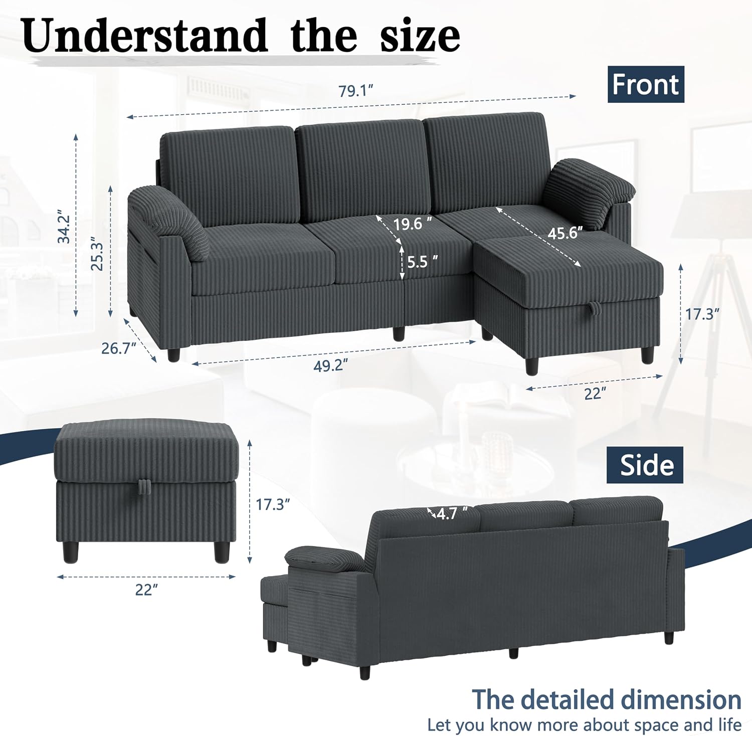 Sectional Couches for Living Room, L Shaped Couch with Side Storage Pockage, Comfortable 3 Seat Sofa Couches for Apartment, Grey