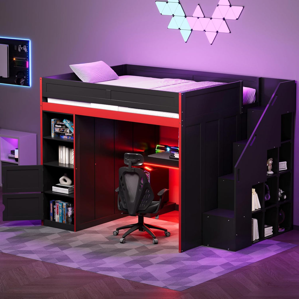 SOFTSEA Full Size Gaming Loft Bed with Desk & Storage Stairs, Solid Wood Loft Bed with LED Lights, Wardrobe and Shelves, Space-Saving Gaming Bed for Kids Teens Adults, Black + Red