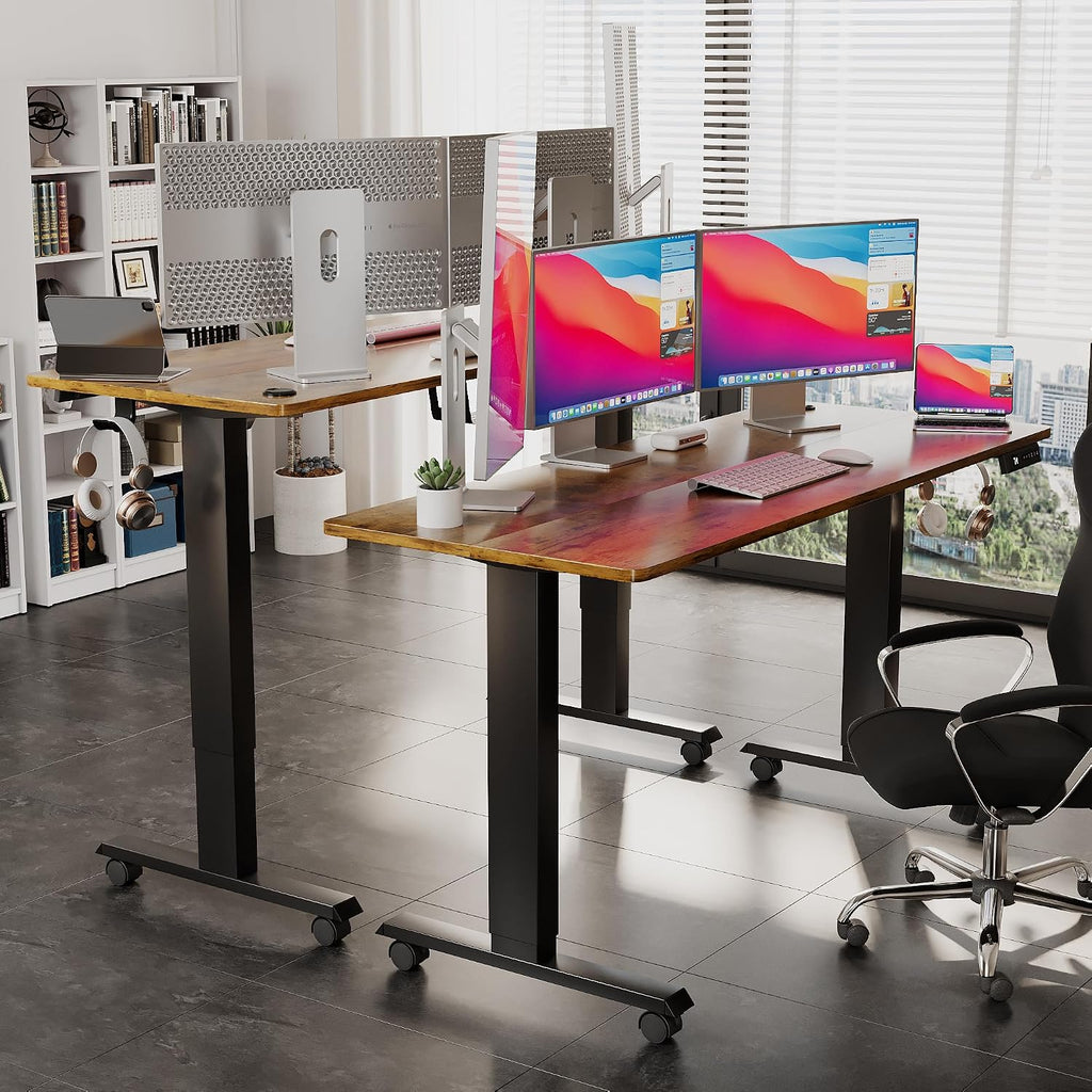 Shahoo Electric Standing Desk 60 Inch, Ergonomic Height Adjustable Table with T-Shaped Metal Bracket Modern Computer Workstations for Home Office, Rustic Brown, 60 x 24 Inch