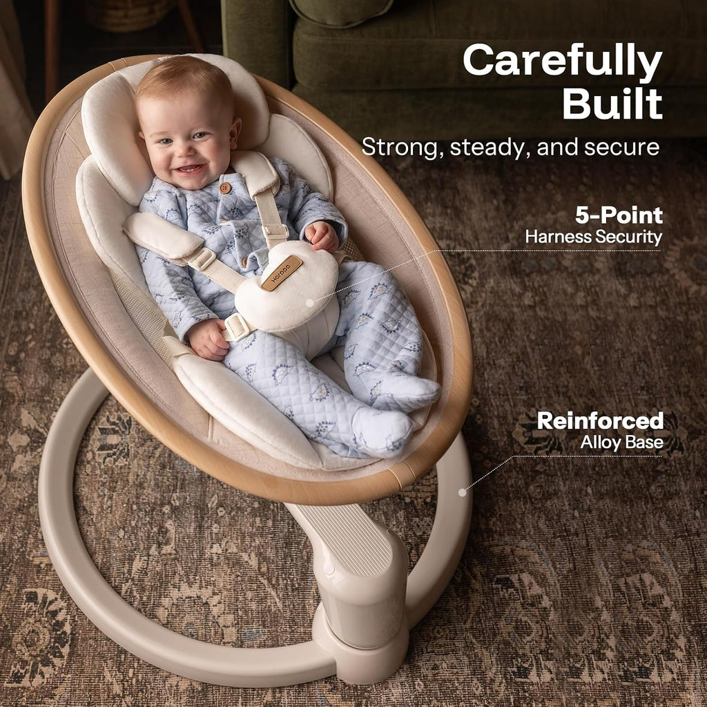 HARPPA Weddell Signature Electric Baby Swings for Infants and Newborns, Eye-Level Baby Swing 5 Speeds and Remote Control 10 Built-in Melodies, 2 Seat Positions & 180° Rotation for Indoor Use,Warm Sand