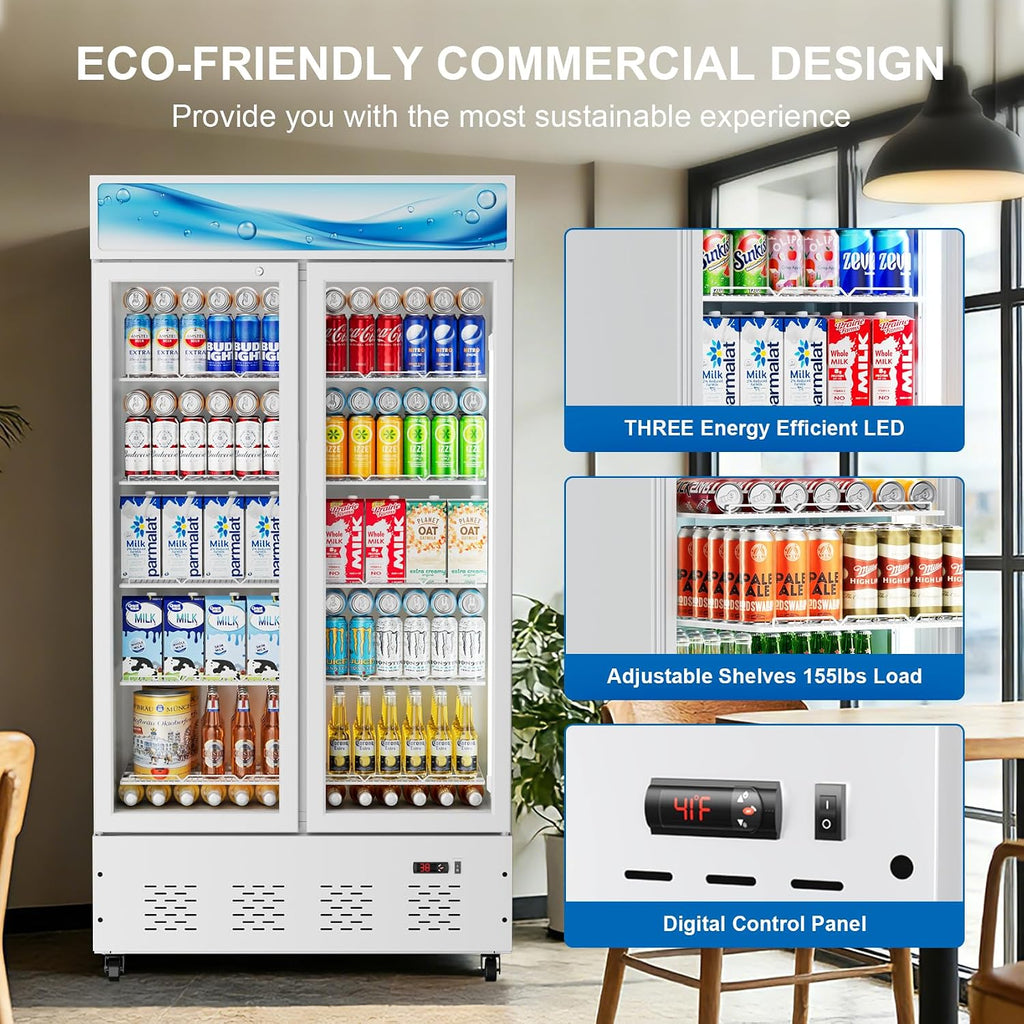 42'W Commercial Glass Door Display Refrigerator 30 Cu.ft White Cooler Beverage Fridge with LED Light and 10 Shelves for Cafe Restaurant Store Bar