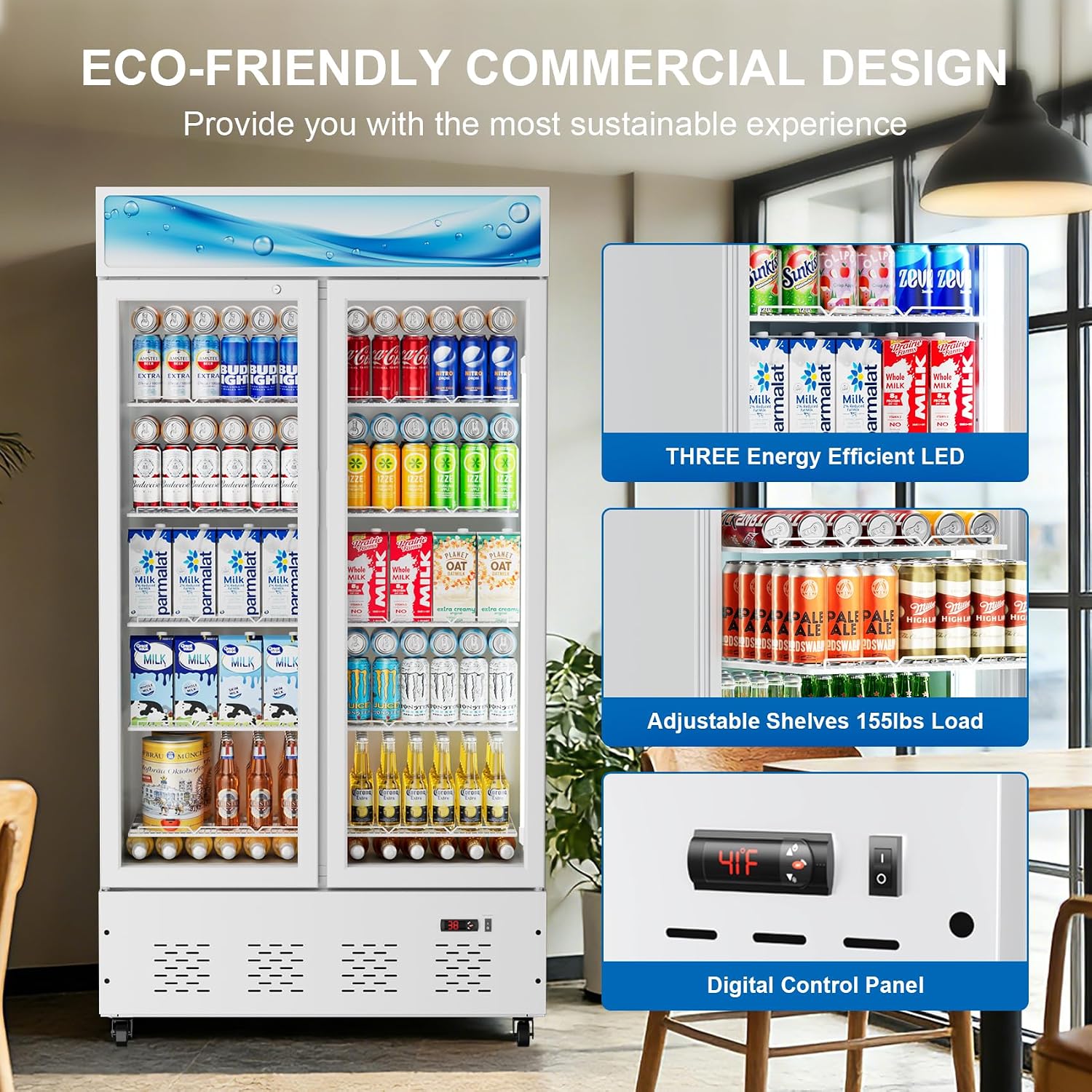 42'W Commercial Glass Door Display Refrigerator 30 Cu.ft White Cooler Beverage Fridge with LED Light and 10 Shelves for Cafe Restaurant Store Bar