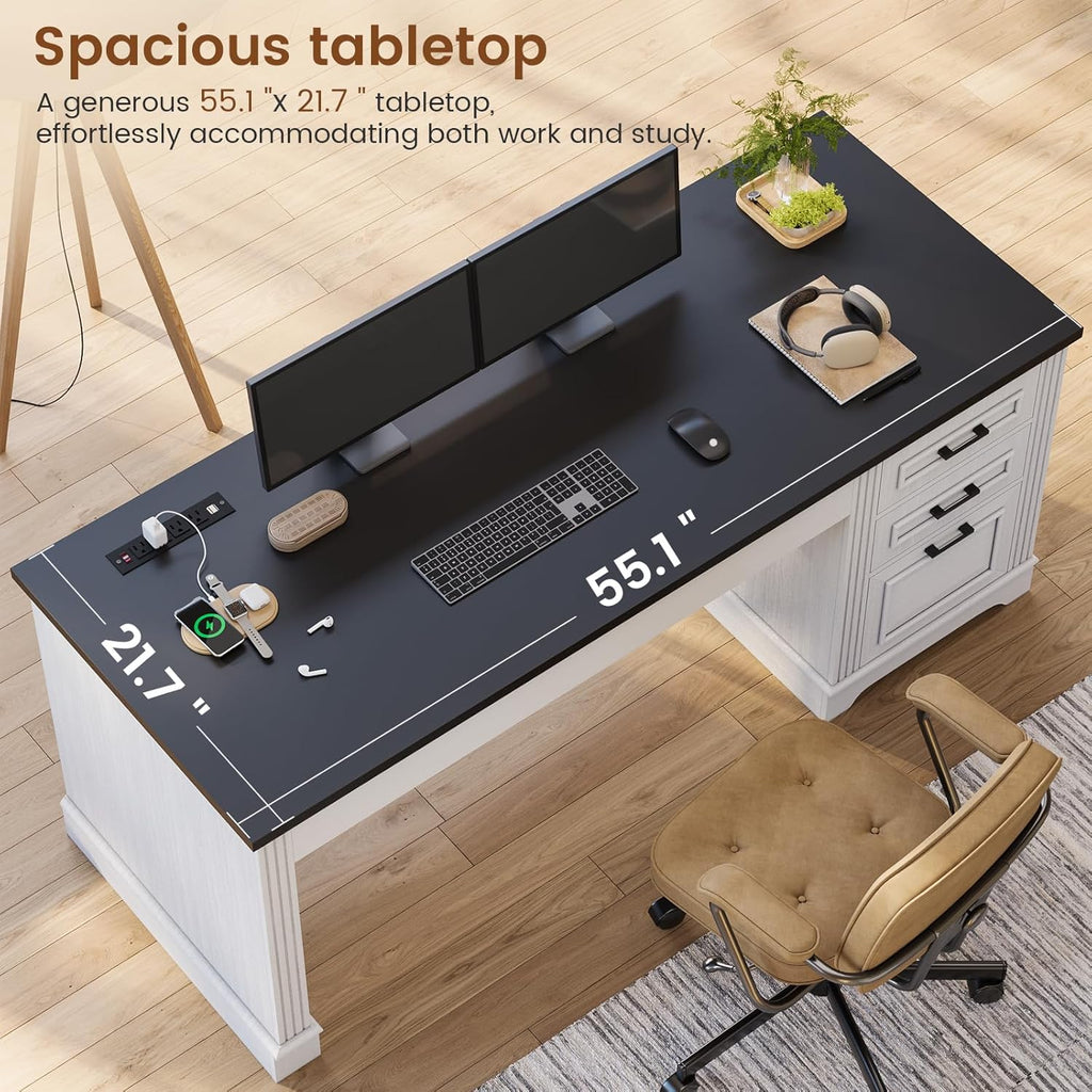 Itaar Farmhouse 55' Executive Desk, Computer Desk with Storage Drawers and Power Outlet, Home Office Desk, Workstation for Office Home, White