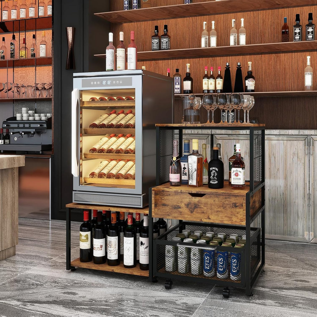 PUNCIA Mini Fridge Stand with Storage, Coffee Bar Cabinet with Power Outlet and Drawer, Microwave Oven Stand with Rolling Basket, Beverage Refrigerator Table for Home, Dorm, Apartment, Pantry, Retro